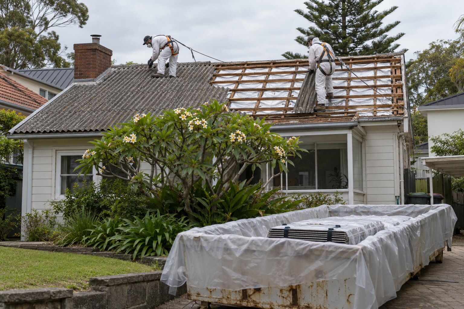 Asbestos roof removal, Northern Beaches: workers in white coveralls stripping a corrugated fibro roof above a plastic-lined skip