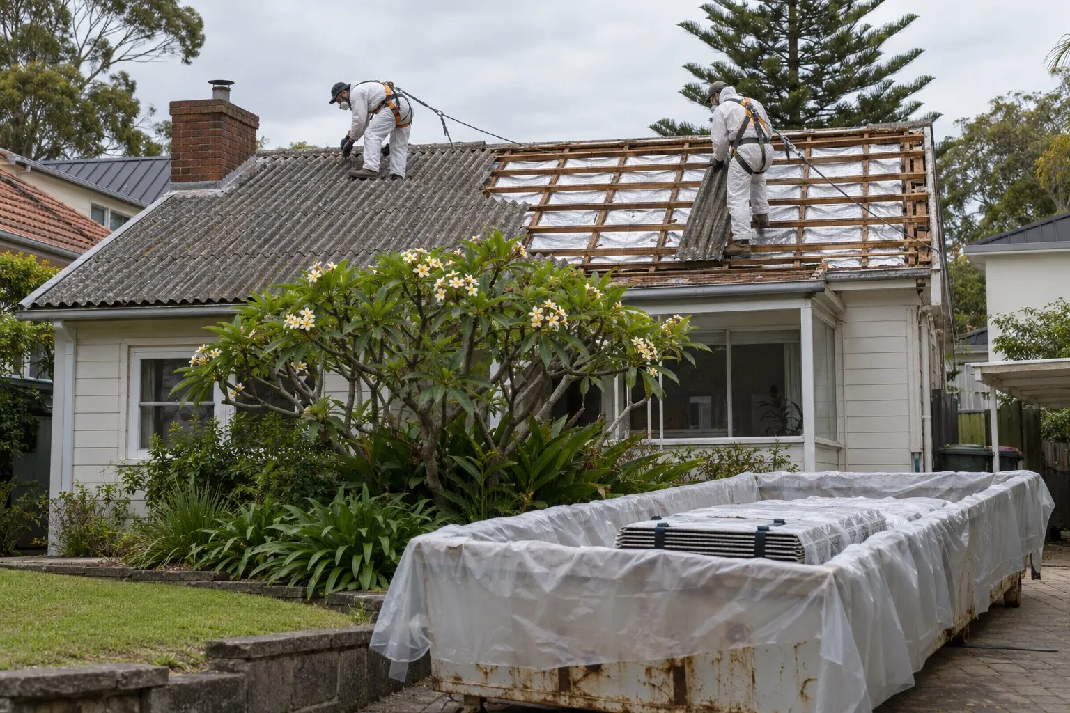 Asbestos roof removal, Northern Beaches: workers in white coveralls stripping a corrugated fibro roof above a plastic-lined skip