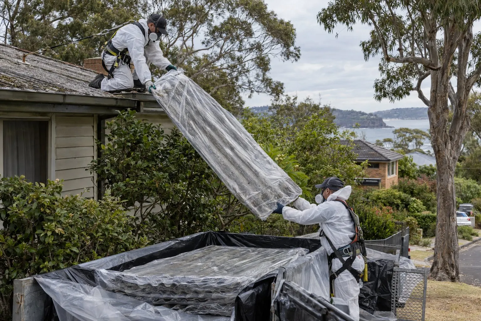 Asbestos roof replacement, Northern Beaches: workers in protective suits and respirators lowering a plastic-wrapped corrugated roof sheet into a lined bin