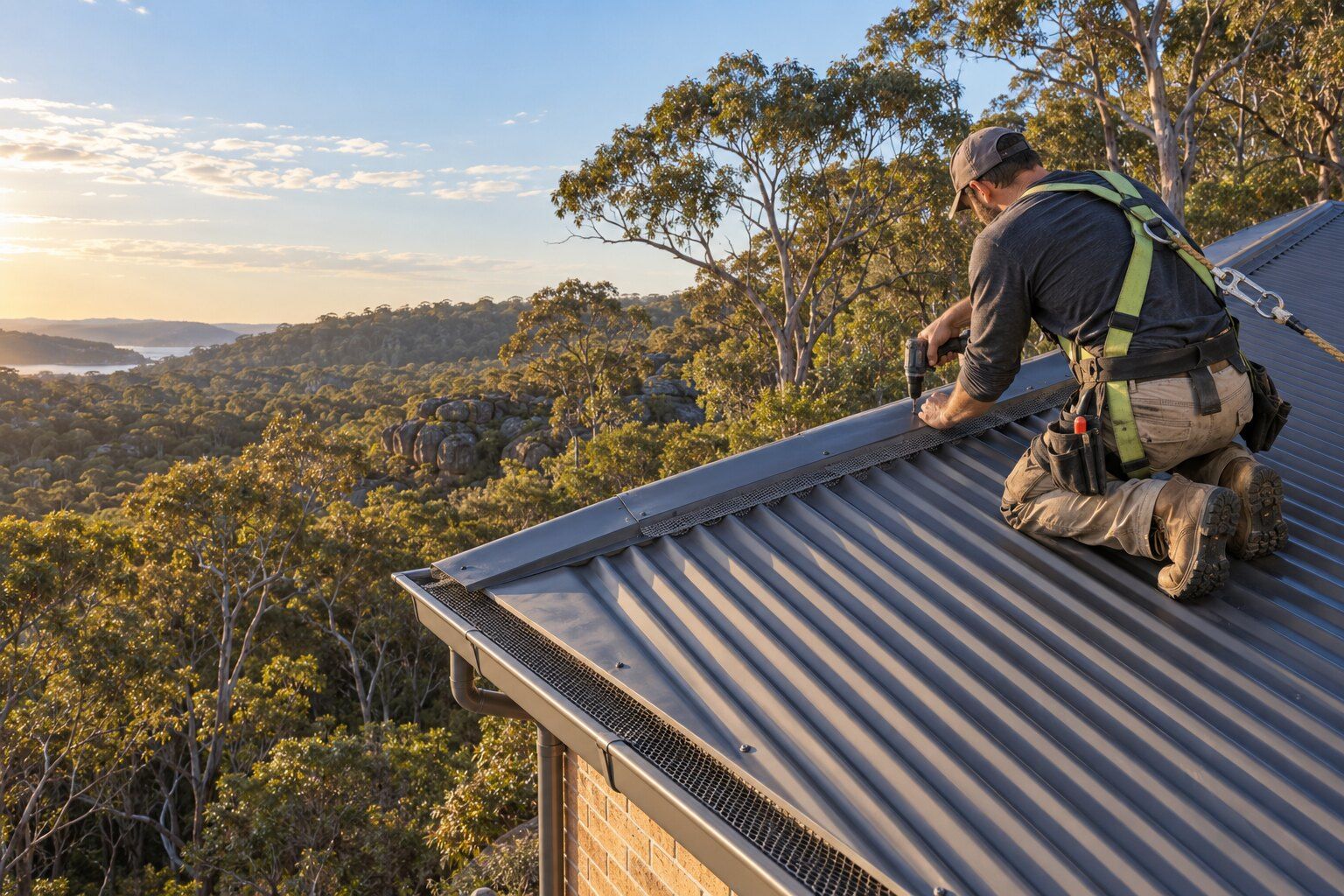 BAL roofing requirements, Northern Beaches: roofer in a harness fixing metal mesh under the ridge of a steel roof beside eucalypt bushland