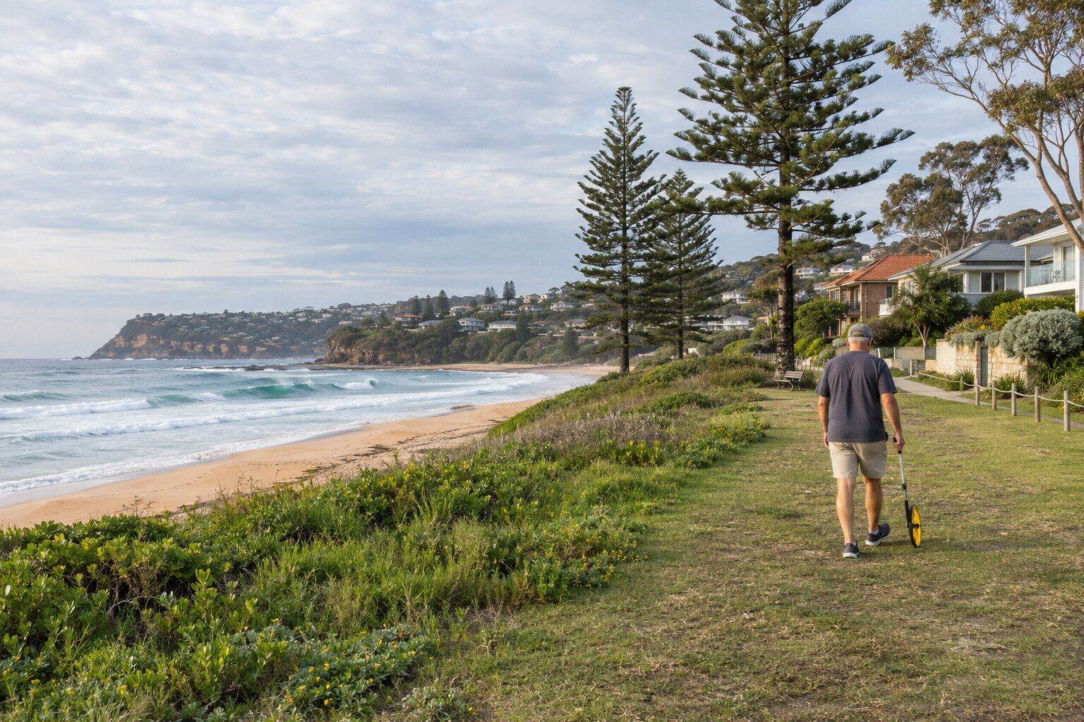 Coastal roof material finder, Northern Beaches: homeowner walking a measuring wheel from a surf beach toward homes with steel and tile roofs