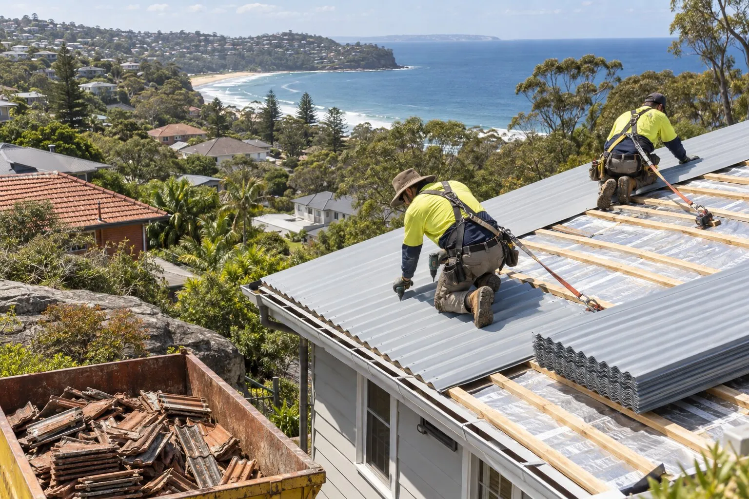 Colorbond roof replacement, Northern Beaches: roofers fixing new corrugated steel sheets over sarking on a coastal home