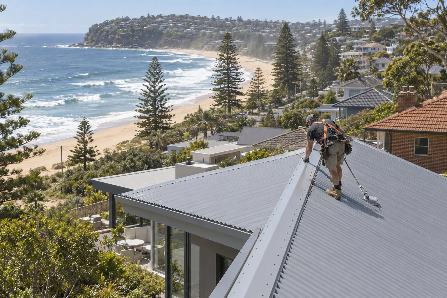Colorbond Ultra, Northern Beaches: roofer checking screws on a pale grey steel roof above a surf beach