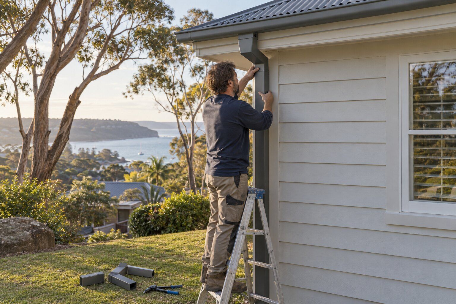 Downpipe and gutter repair, Northern Beaches: roofer on a stepladder fitting a new steel downpipe to the gutter of a weatherboard home