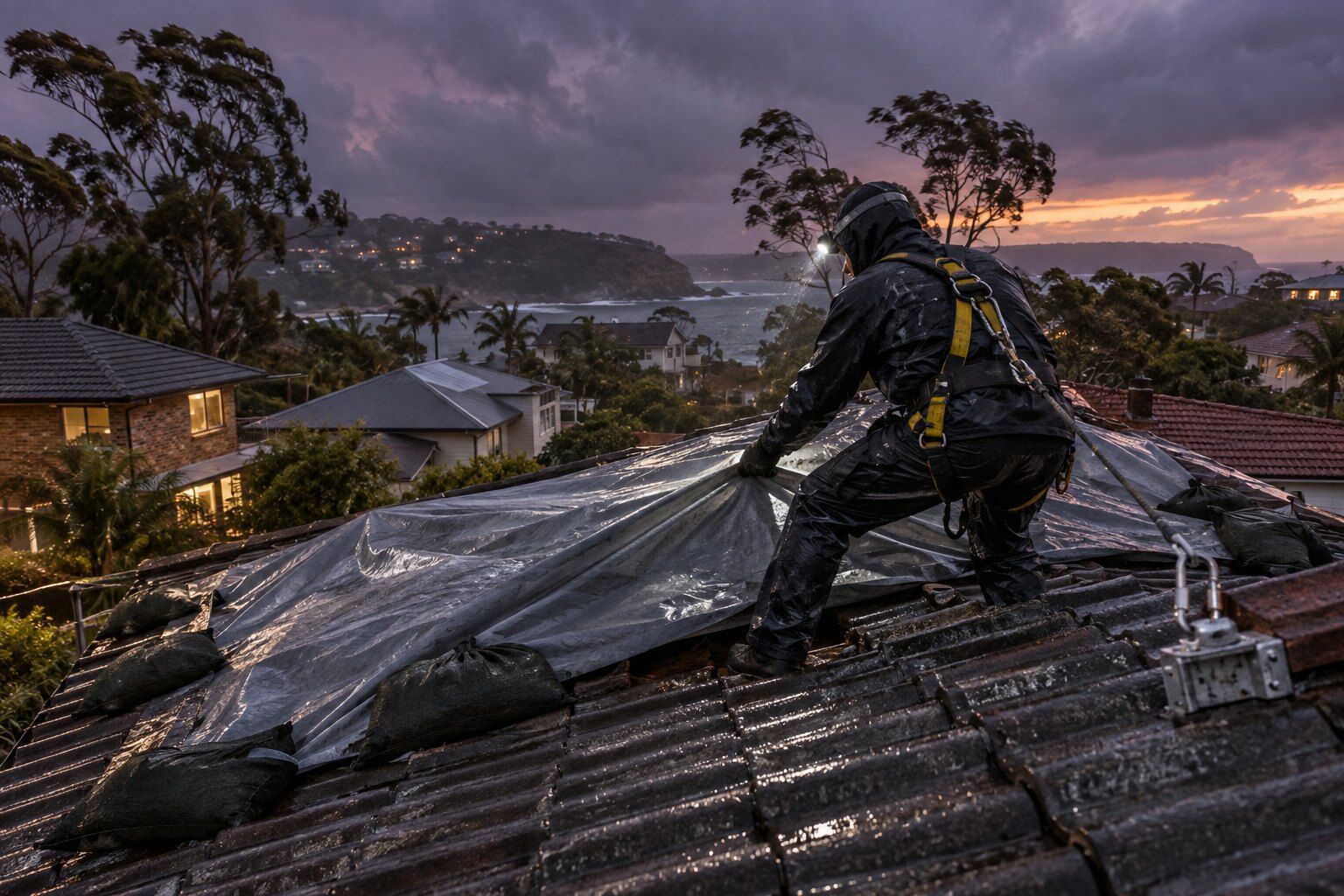 Emergency roof repair, Northern Beaches: roofer in a harness and head torch pulling a sandbagged tarp over a tile roof at dusk in the rain