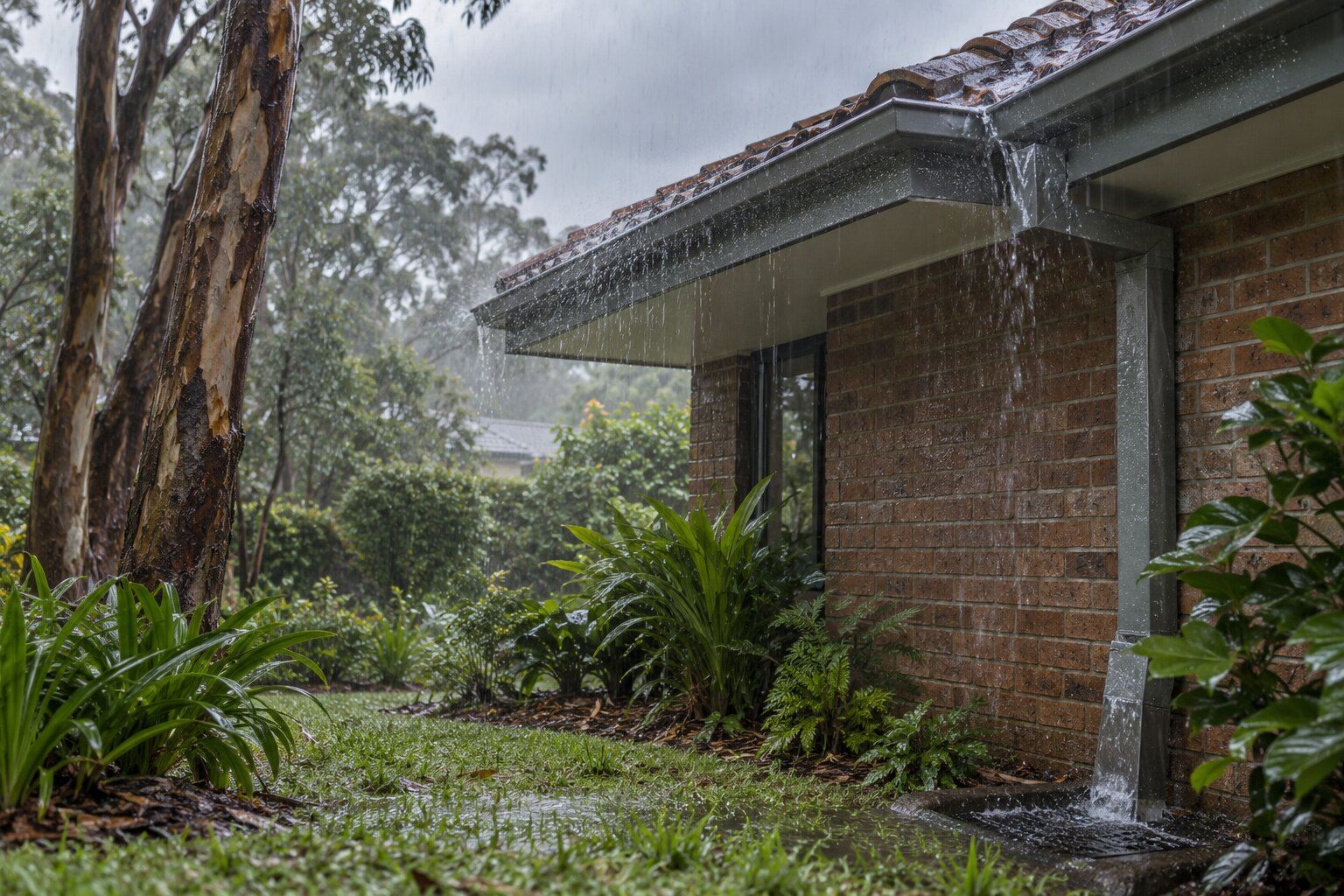 Gutter and downpipe sizing, Northern Beaches: heavy rain running off a tile roof into a quad gutter and metal downpipe