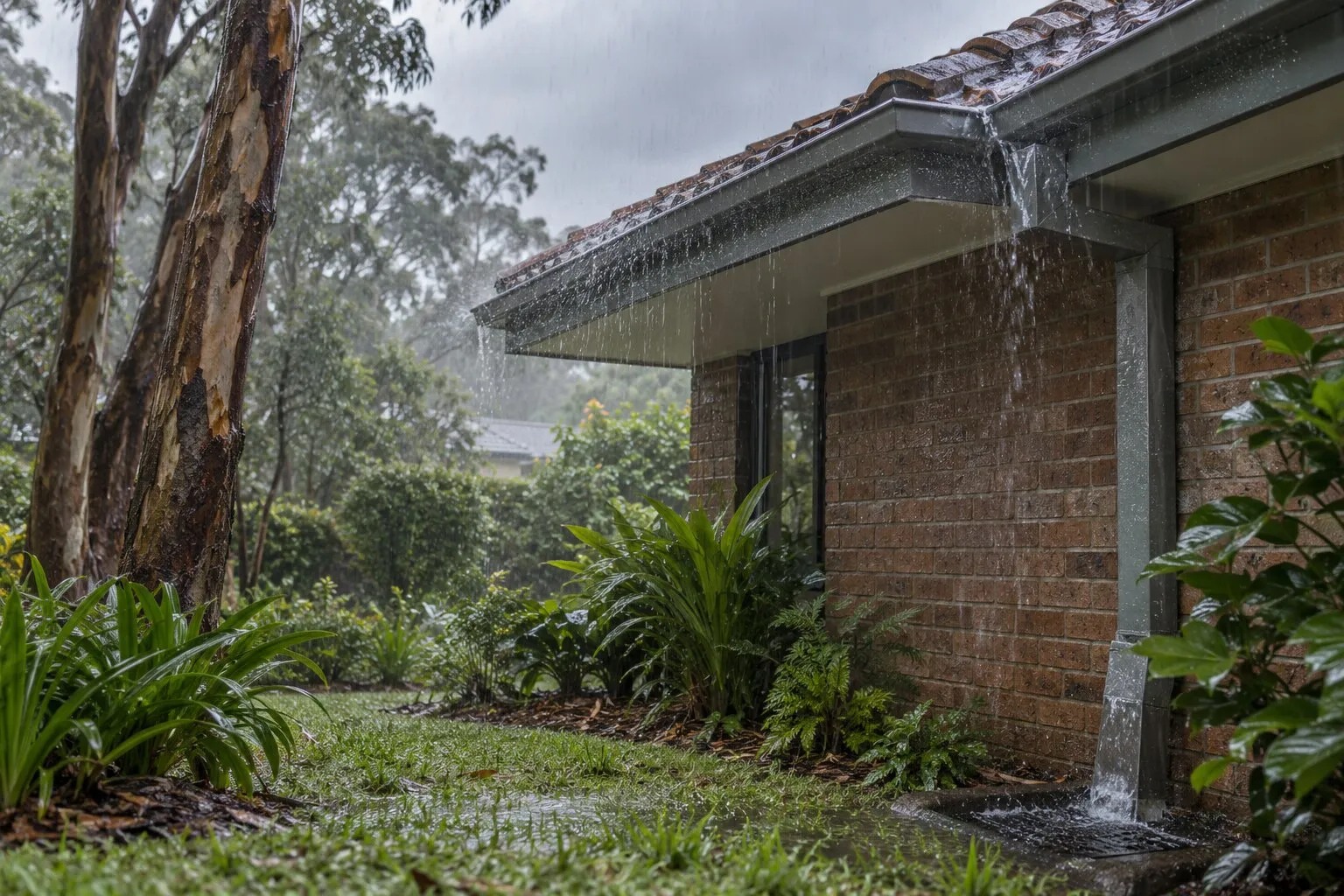 Gutter and downpipe sizing, Northern Beaches: heavy rain running off a tile roof into a quad gutter and metal downpipe