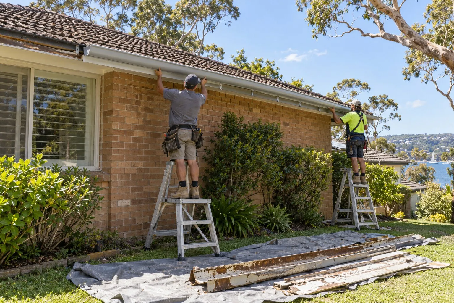 Gutter and fascia replacement, Northern Beaches: two workers on platform ladders fitting a new Colorbond gutter to a brick home