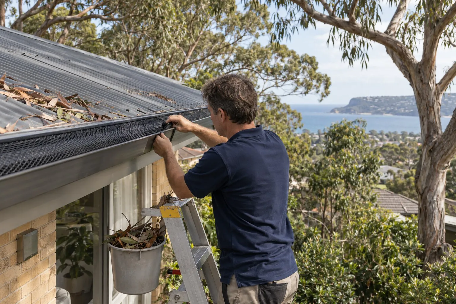 Gutter guard, Northern Beaches: man on a ladder fitting black metal mesh gutter guard along a Colorbond roof edge, with a bucket of gum leaves