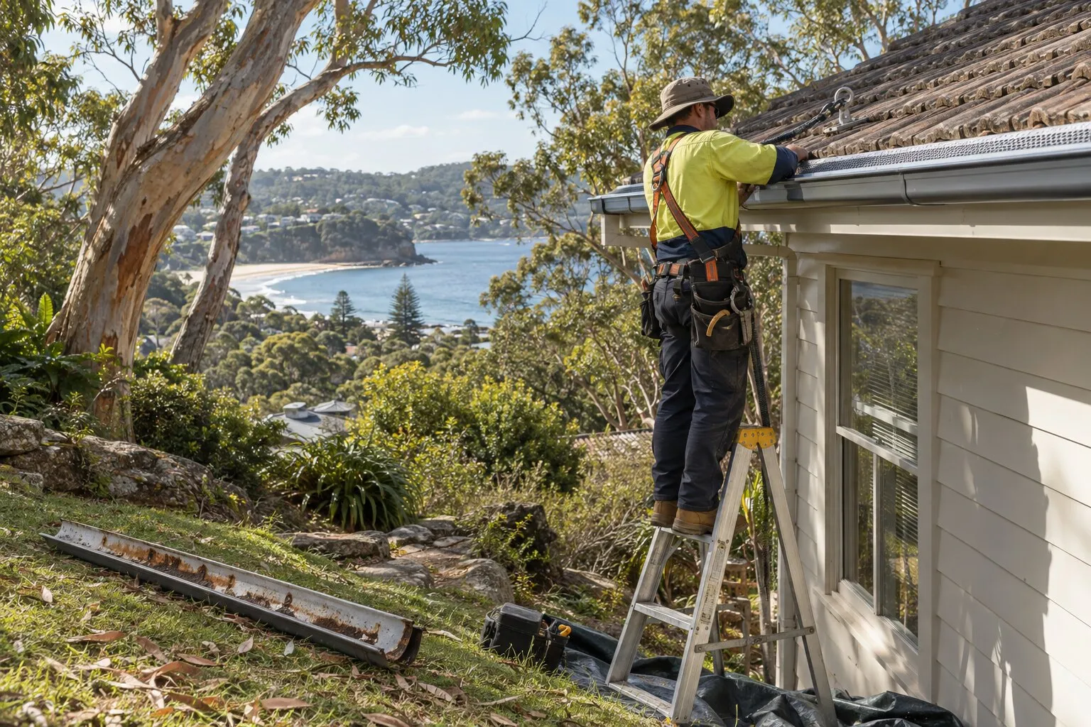 Gutter replacement, Northern Beaches: roofer on a stepladder fixing a new gutter along the fascia of a weatherboard home, with the old rusted gutter on the lawn