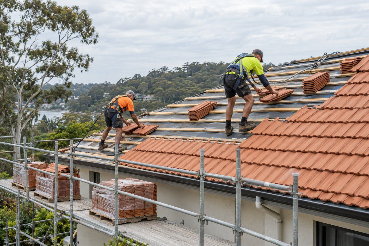 Re-roofing, Northern Beaches: roofers in harnesses laying new terracotta tiles on fresh battens and sarking, with pallets of tiles on the scaffold