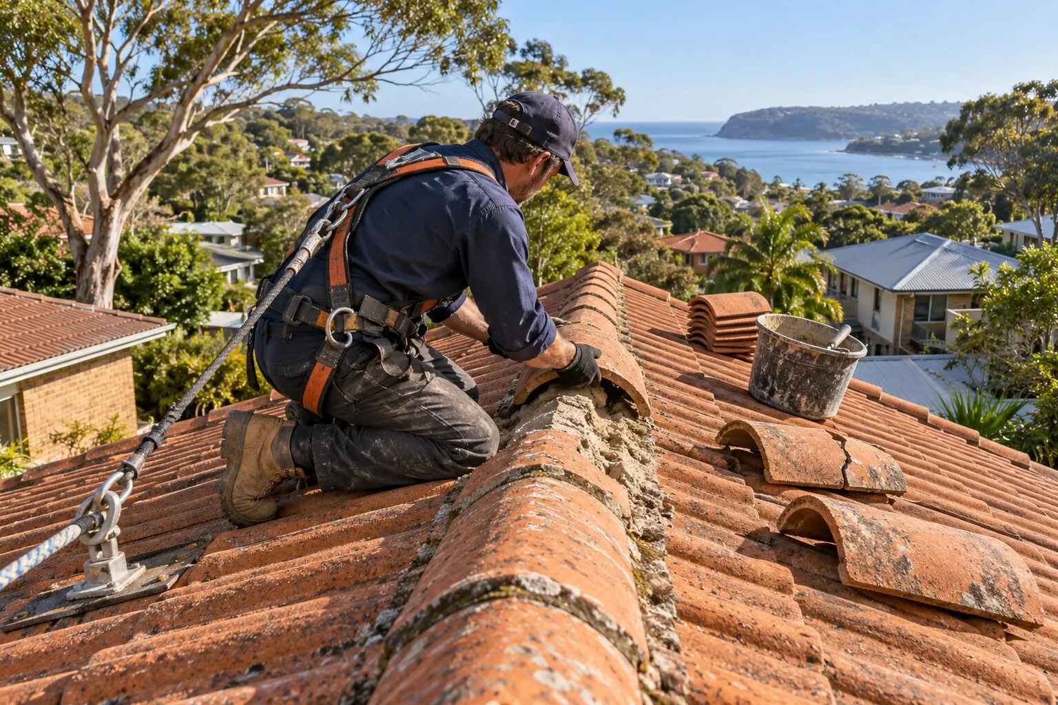 Ridge capping repair, Northern Beaches: roofer lifting a loose terracotta ridge cap to show the crumbled bedding mortar beneath