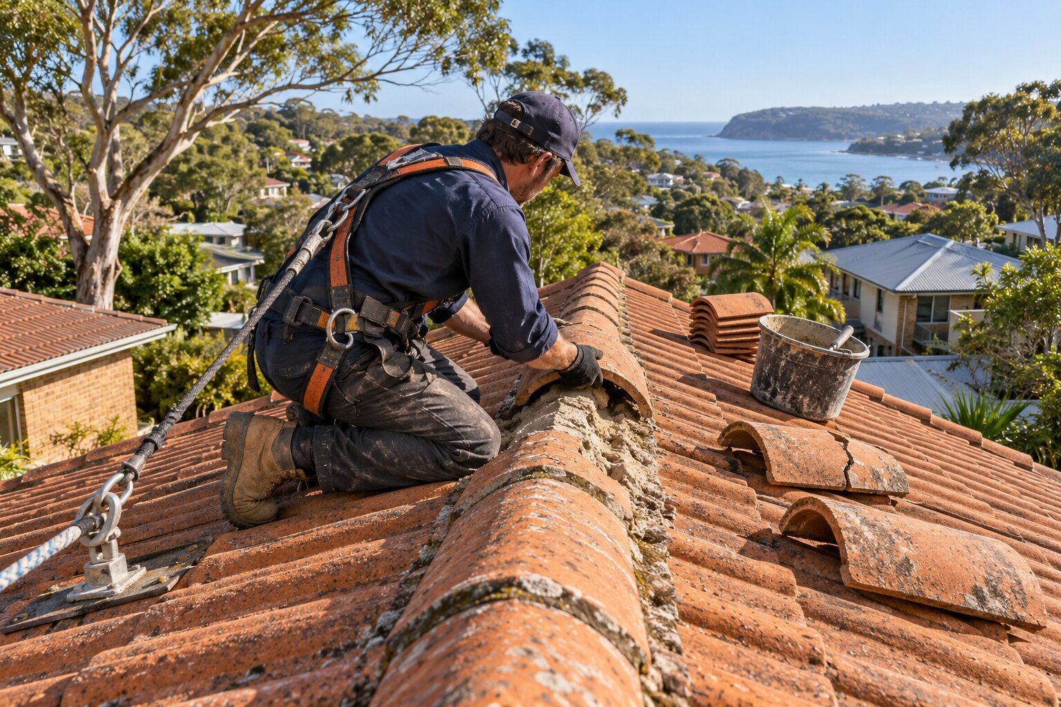 Ridge capping repair, Northern Beaches: roofer lifting a loose terracotta ridge cap to show the crumbled bedding mortar beneath