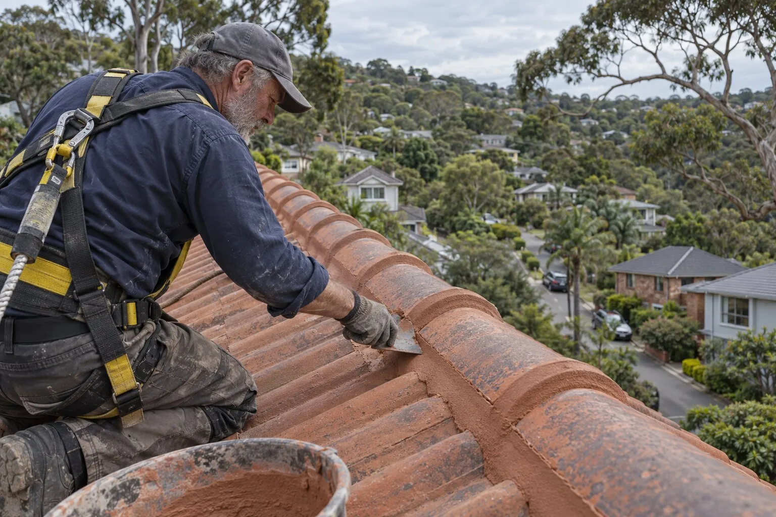 Ridge capping repointing, Northern Beaches: roofer pressing flexible pointing along terracotta ridge capping with a trowel