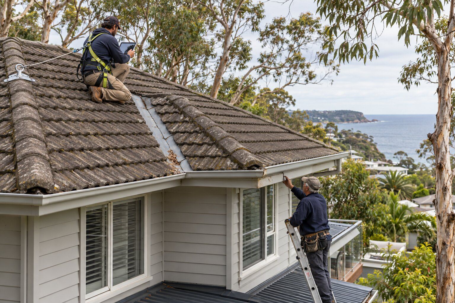 Roof inspection cost, Northern Beaches: roofer in a harness photographing a roof valley with a tablet while another checks the gutter from a ladder