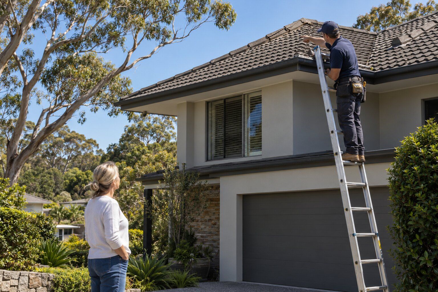 Roofing quote, Northern Beaches: roofer on a ladder checking a concrete tile roof while the homeowner looks on