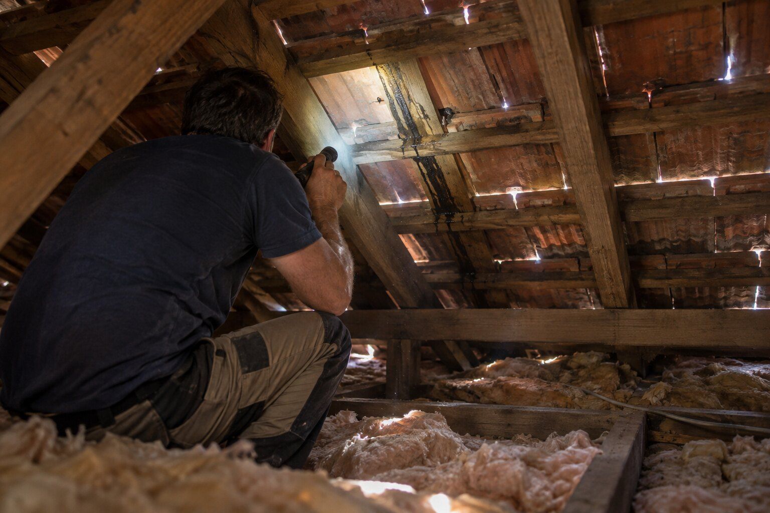 Roof leak repair, Northern Beaches: roofer in a roof cavity shining a torch on dark water streaks running down the rafters under terracotta tiles
