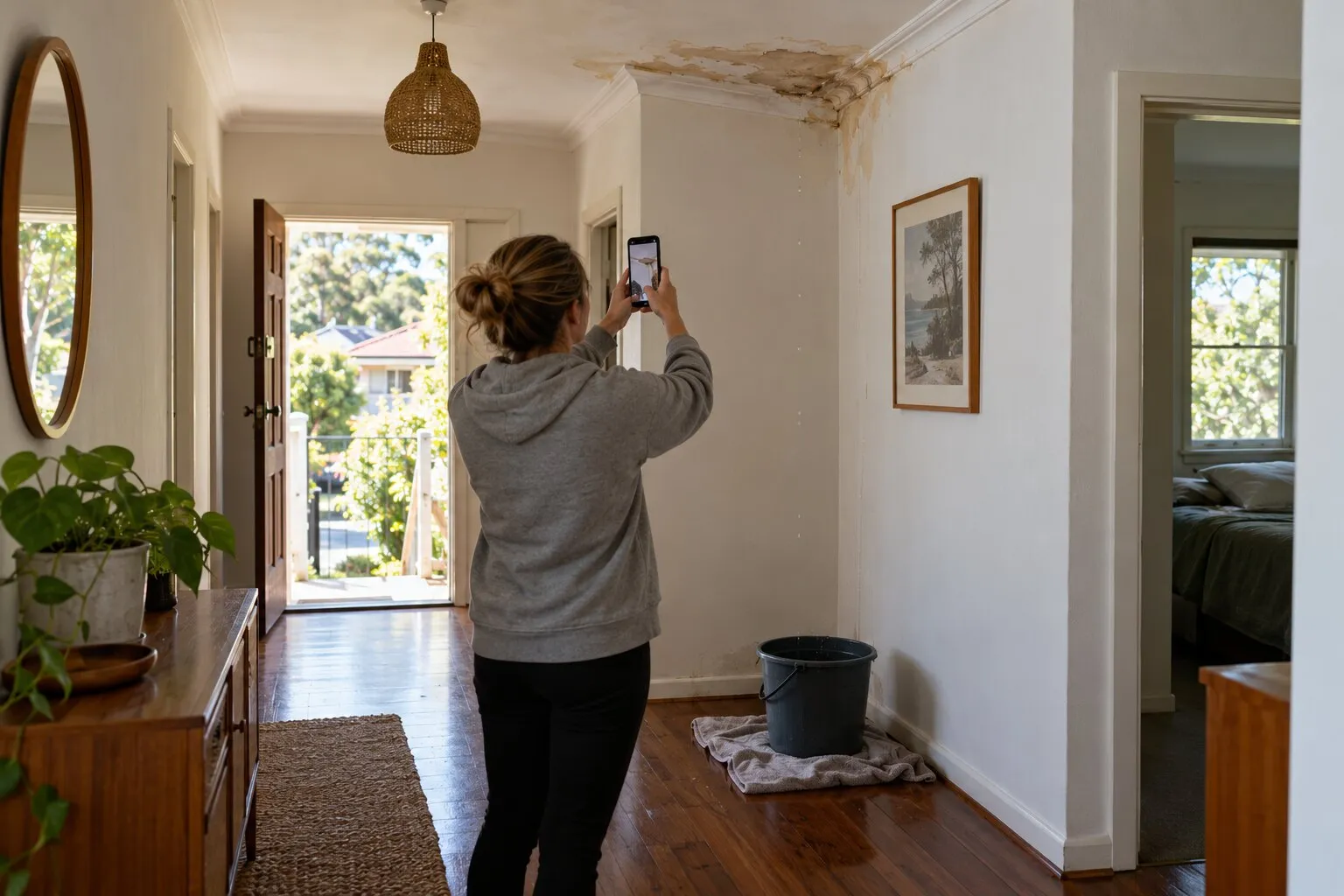Roof leak in a rental, Northern Beaches: tenant photographing a water stain on a hallway ceiling above a bucket on a towel