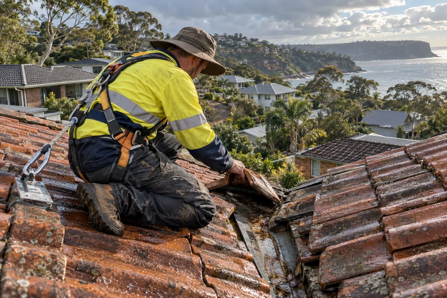 Roof leak repair, Northern Beaches: roofer in a harness lifting a cracked terracotta tile to check a rusted valley after rain