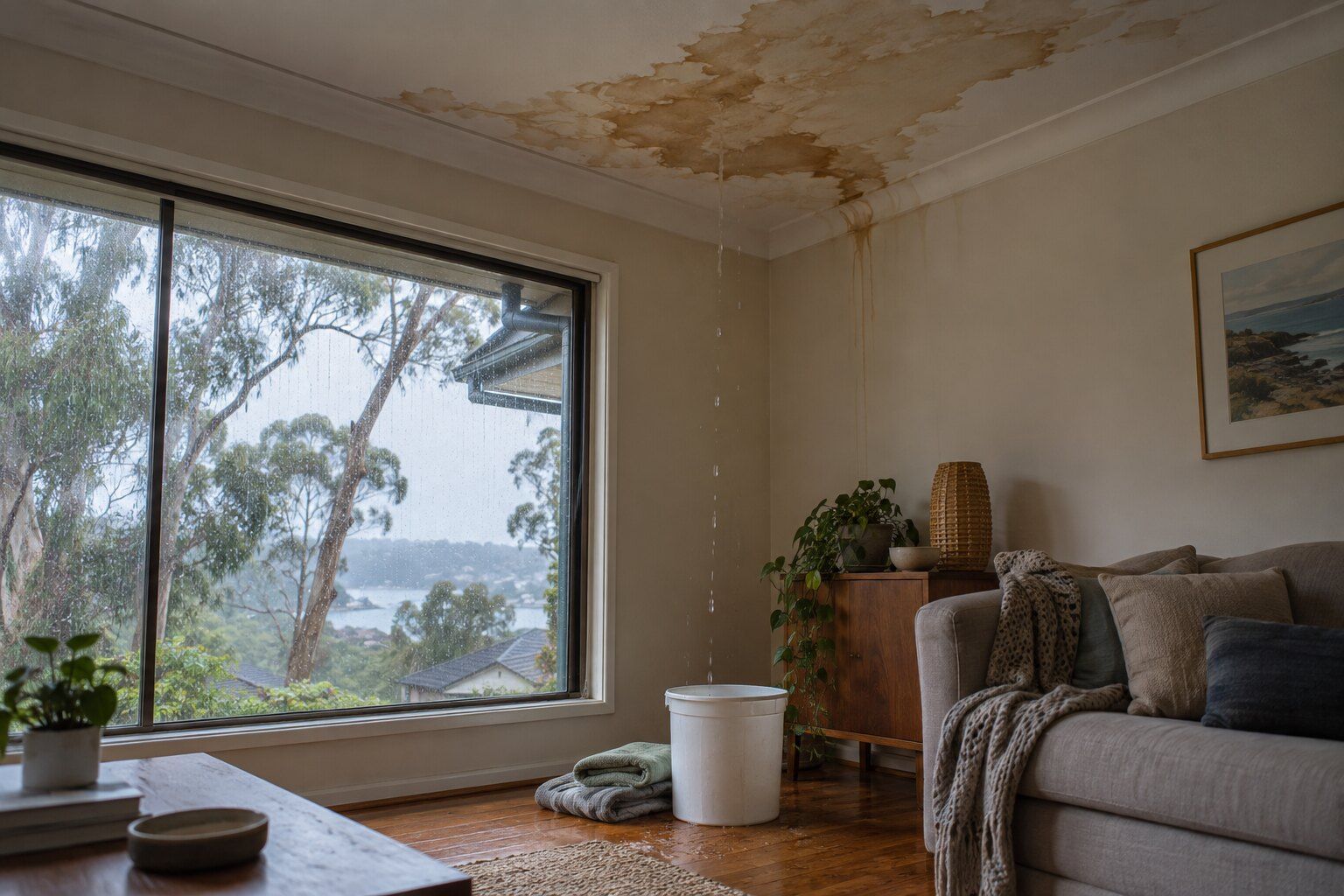 Roof leaking, Northern Beaches: water dripping from a stained living room ceiling into a bucket, towels on the floor beside it