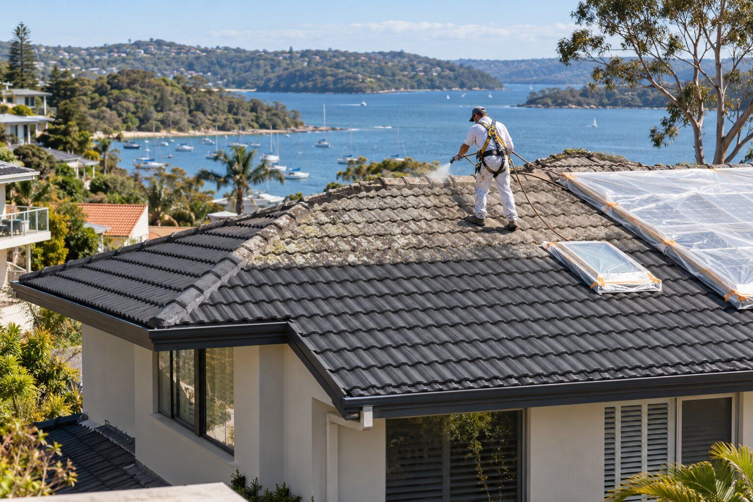 Roof painting cost, Northern Beaches: painter in a harness spraying a concrete tile roof, the lower half freshly coated dark grey