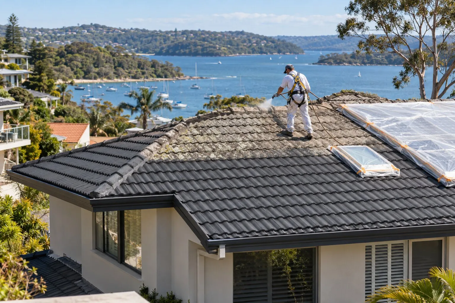 Roof painting cost, Northern Beaches: painter in a harness spraying a concrete tile roof, the lower half freshly coated dark grey
