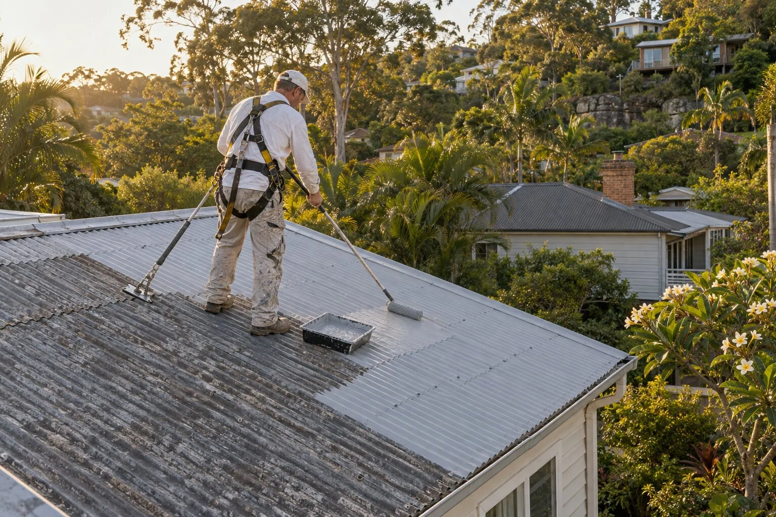 Roof painting, Northern Beaches: painter rolling a grey finish coat onto the iron roof of a weatherboard beach cottage