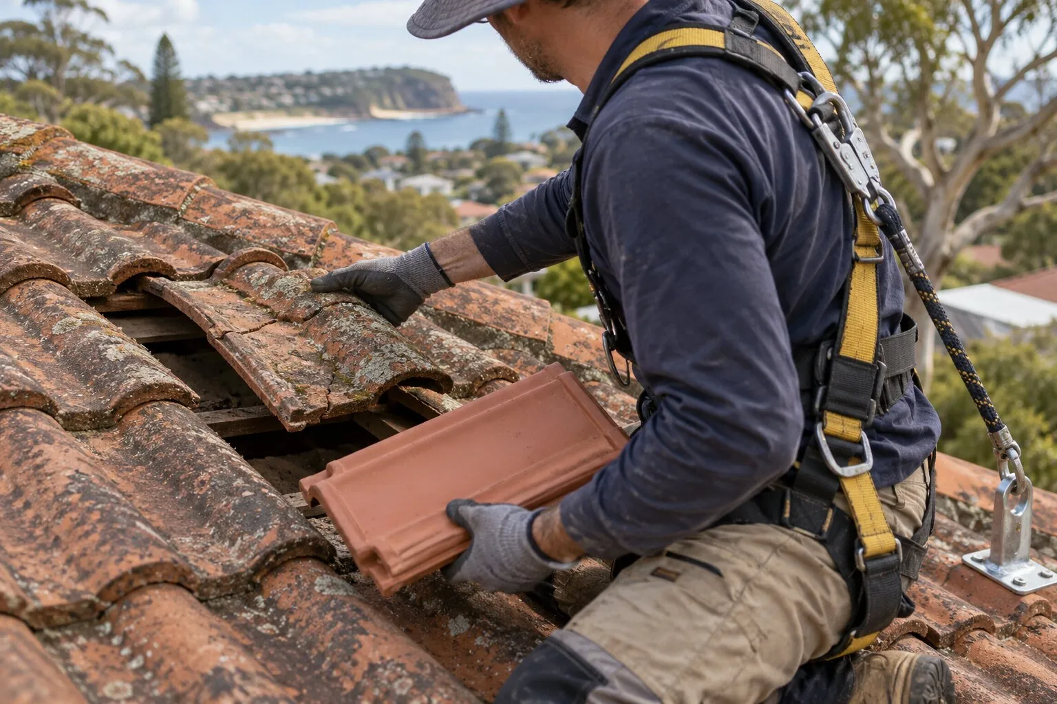Roof repair cost, Northern Beaches: roofer lifting out a cracked terracotta tile and holding a matching replacement