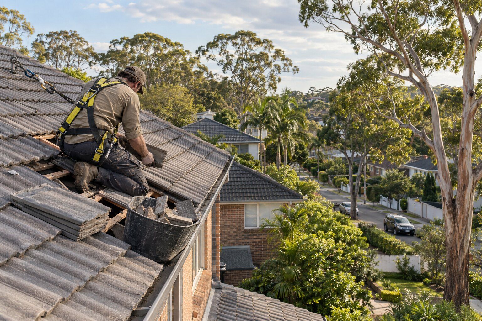 Roof repairs, Northern Beaches: roofer in a harness replacing broken concrete tiles on a two-storey brick home