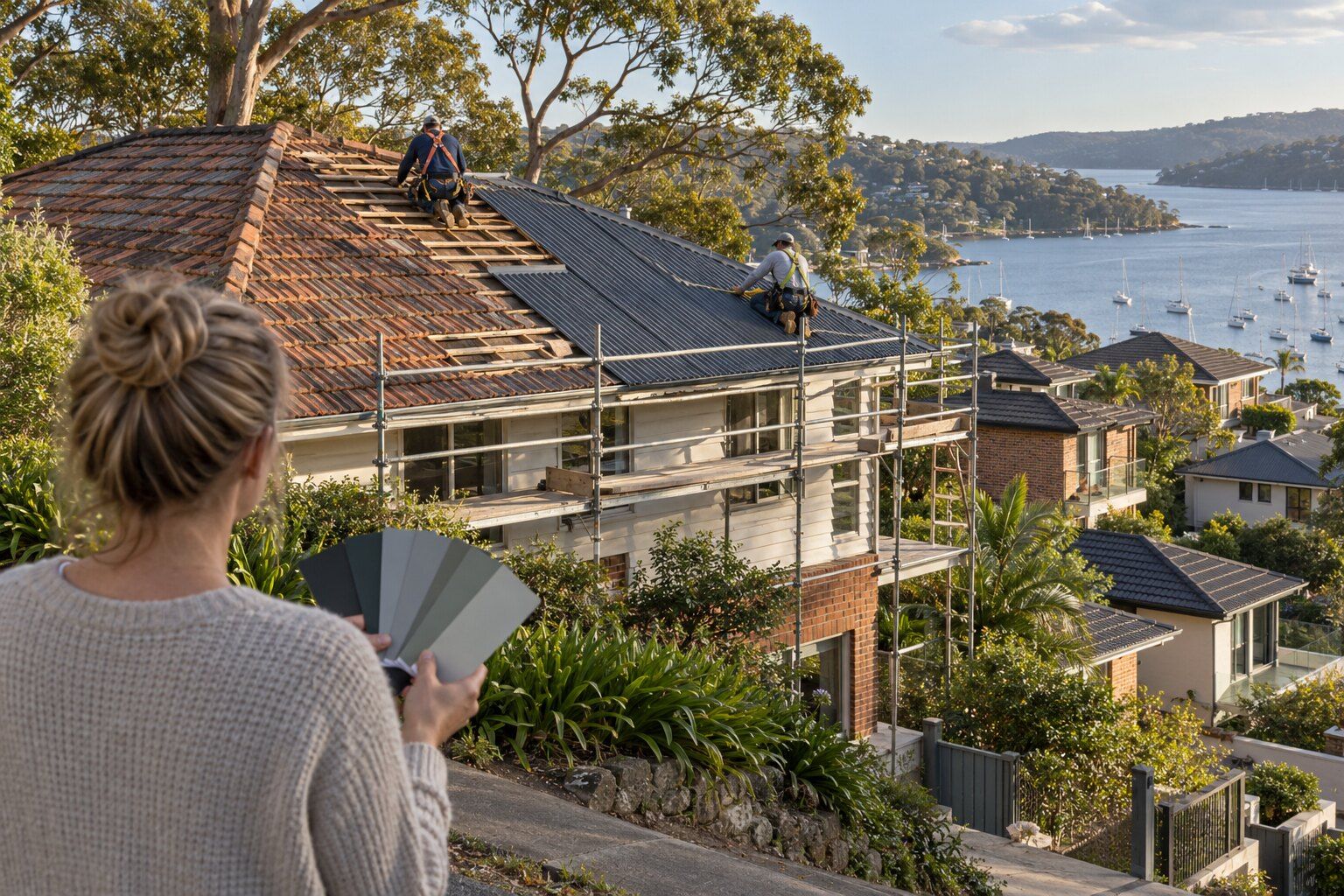 Roof replacement, Northern Beaches: hillside home being re-roofed in dark steel, a homeowner holding steel colour chips on the footpath