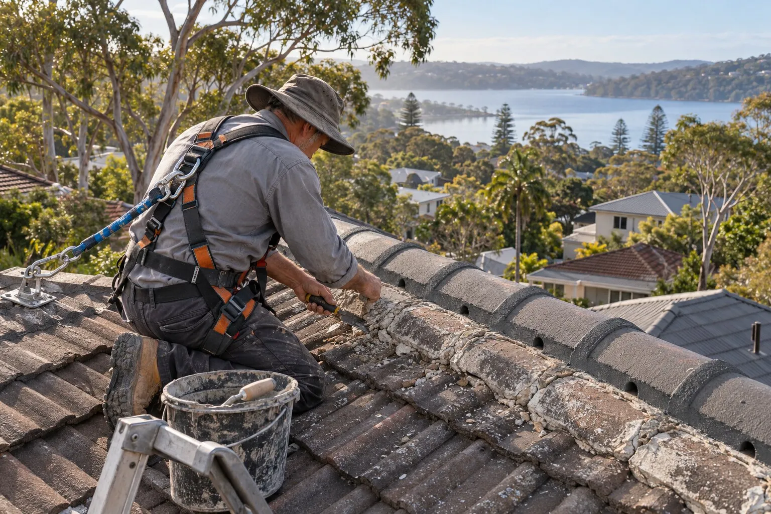 Roof repointing, Northern Beaches: roofer in a harness scraping out old mortar along the hip capping of a concrete tile roof