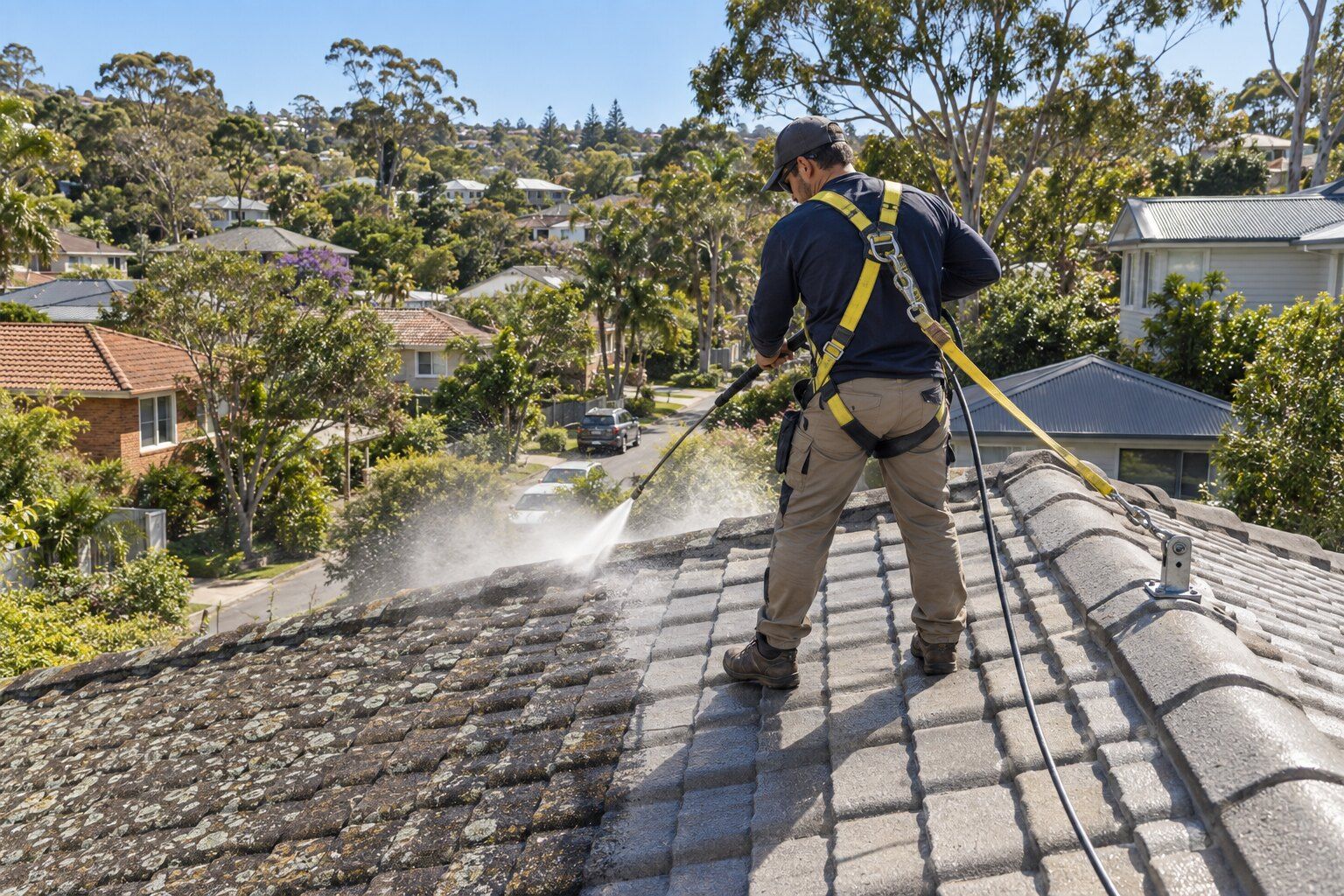 Roof restoration cost, Northern Beaches: roofer in a harness pressure cleaning mossy concrete roof tiles, a clean line across the roof
