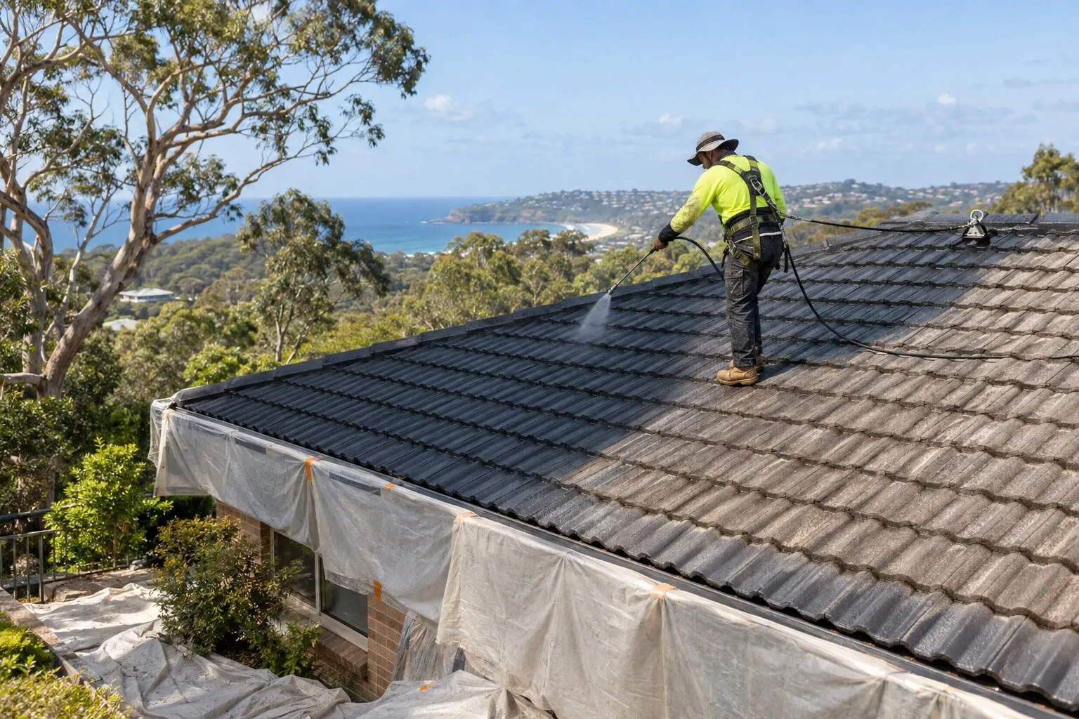 Roof restoration, Northern Beaches: roofer spraying a charcoal membrane coat over cleaned concrete roof tiles