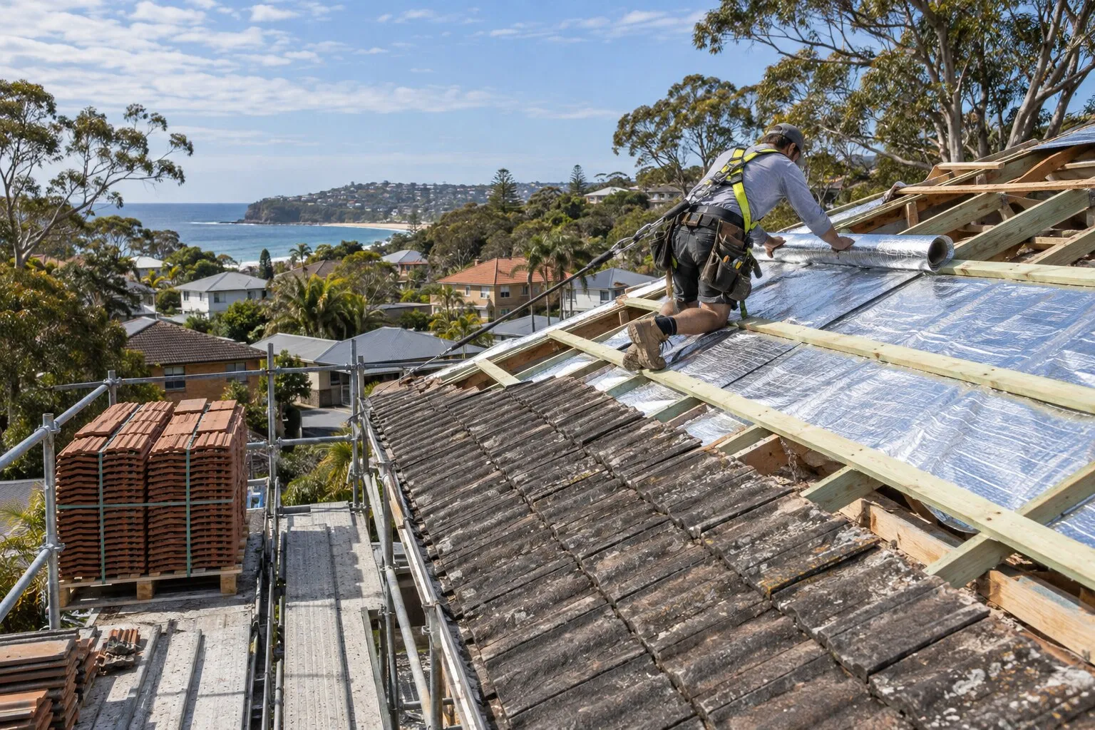 Roof sarking, Northern Beaches: roofer rolling out foil sarking under new battens during a re-roof, with old concrete tiles still on the lower roof