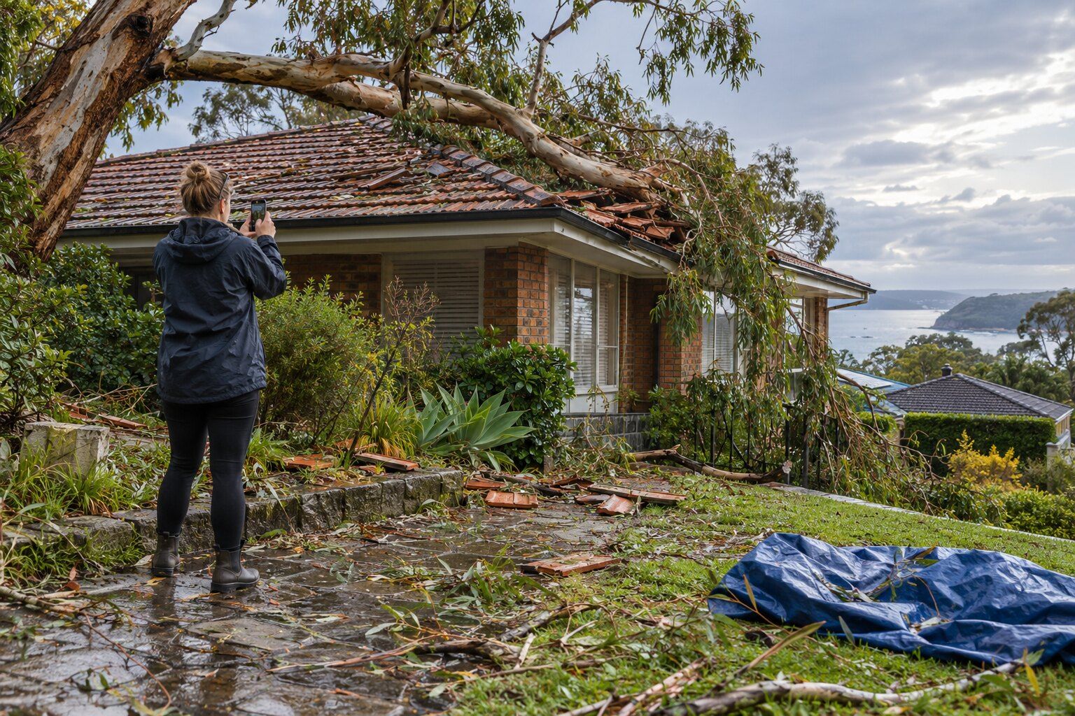 Roof storm damage, Northern Beaches: homeowner photographing a gum branch fallen across a tile roof, a blue tarp ready on the lawn