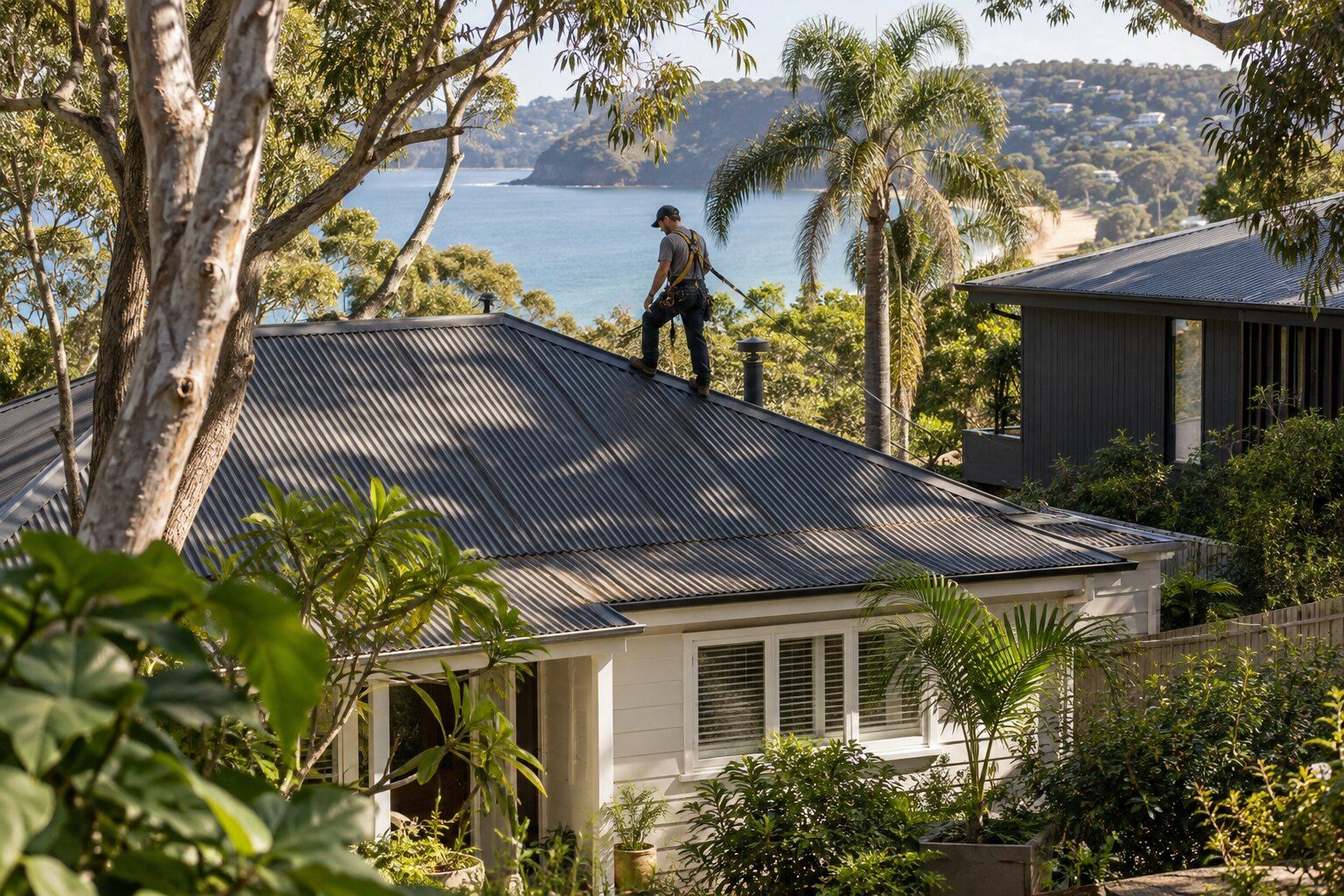 Roofing, Avalon Beach: mid-century fibro and weatherboard beach cottage with a dark corrugated roof among angophoras, roofer inspecting it