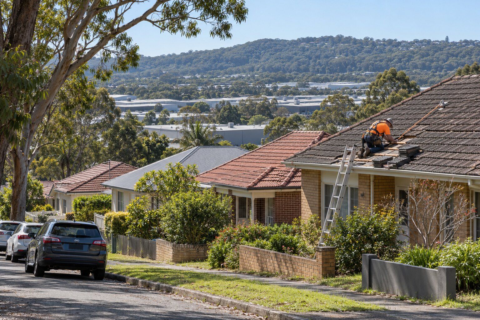 Roofing, Brookvale: street of brick bungalows with tile roofs, a roofer replacing tiles, warehouse roofs on the valley floor behind