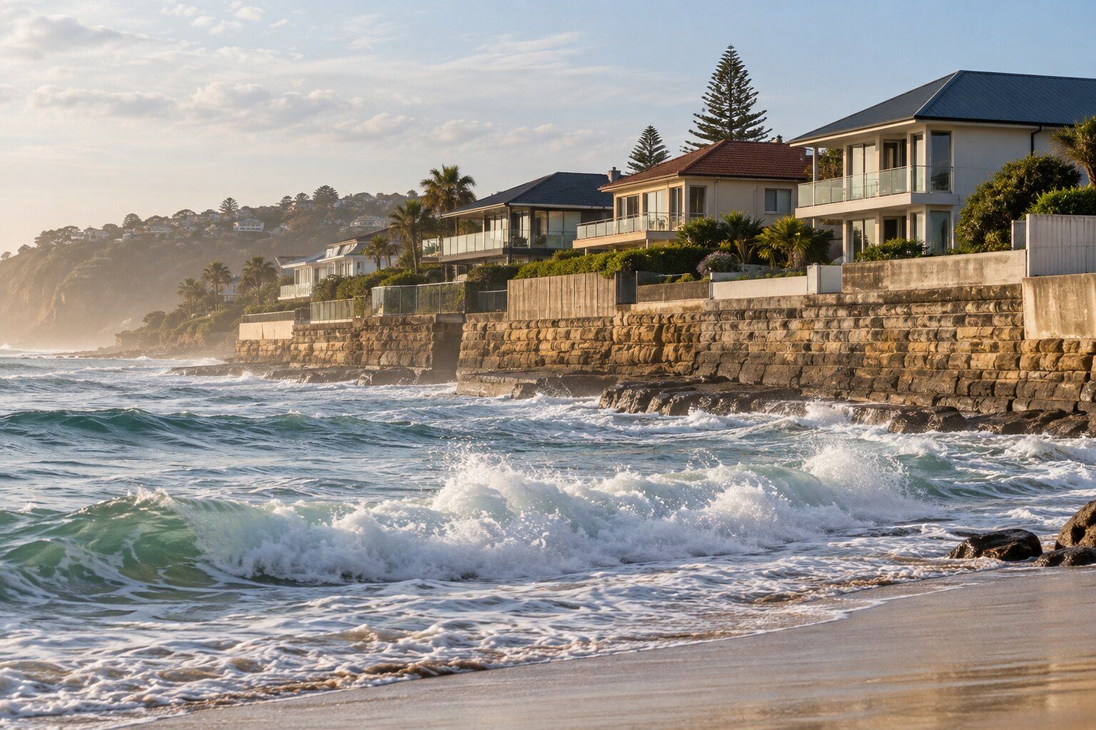 Roofing, Collaroy: beachfront homes behind a seawall with Colorbond and tile roofs, surf breaking in front