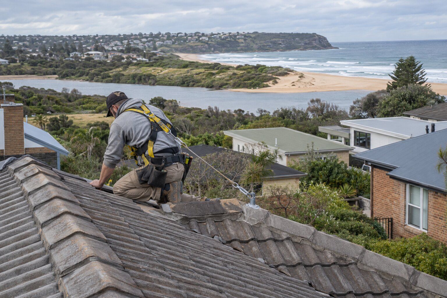 Roofing, Curl Curl: houses by a coastal lagoon and beach with concrete tile and Colorbond roofs, a roofer on a tile roof