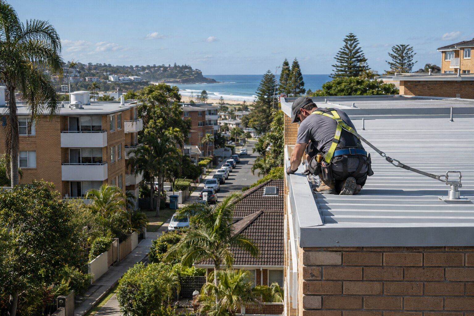 Roofing, Dee Why: brick apartment blocks with low-pitched metal roofs beside older tiled houses, a roofer at a roof edge