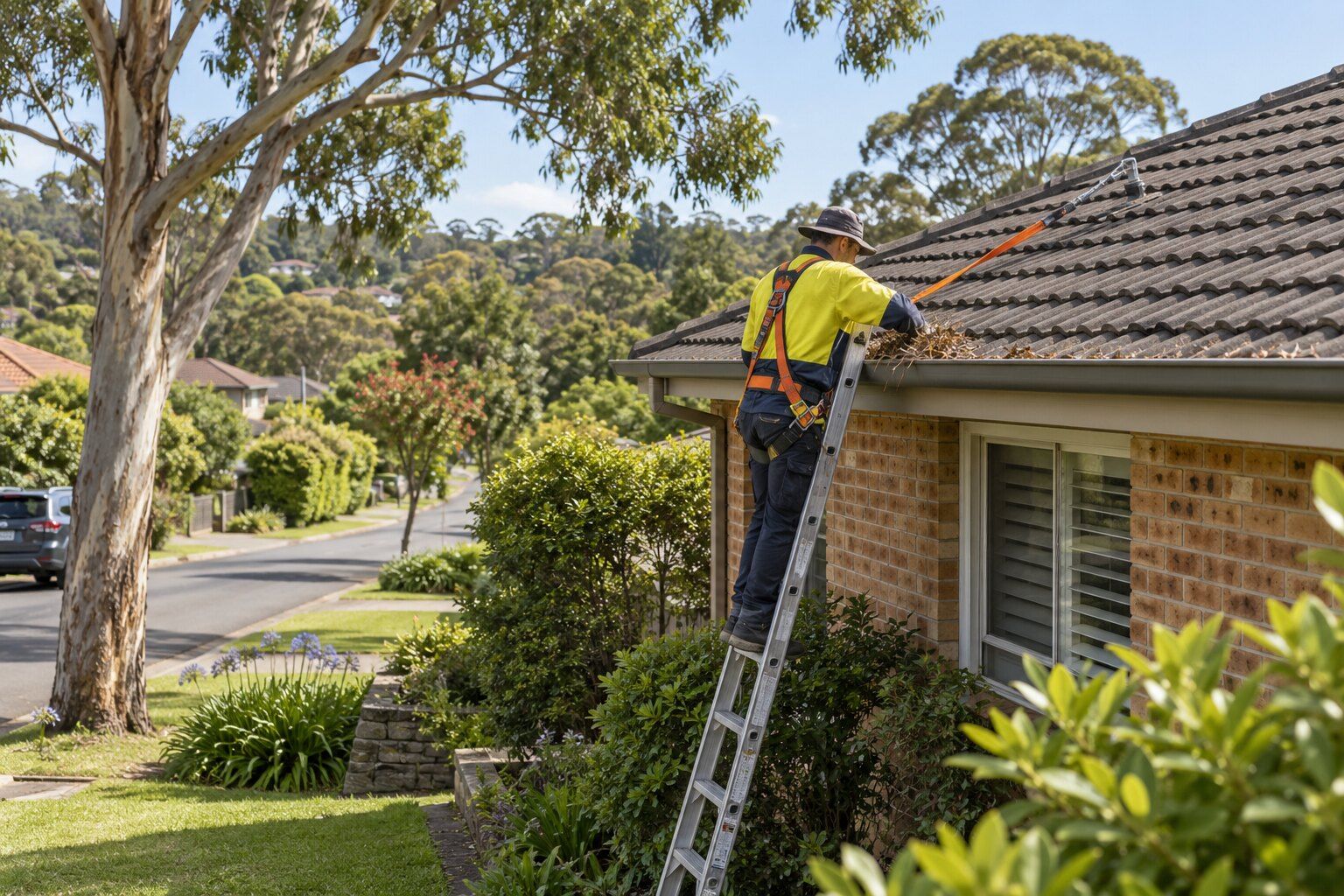 Roofing, Forestville: quiet street of brick homes with terracotta and concrete tile roofs under mature gums, a roofer on a ladder clearing leaves from a gutter