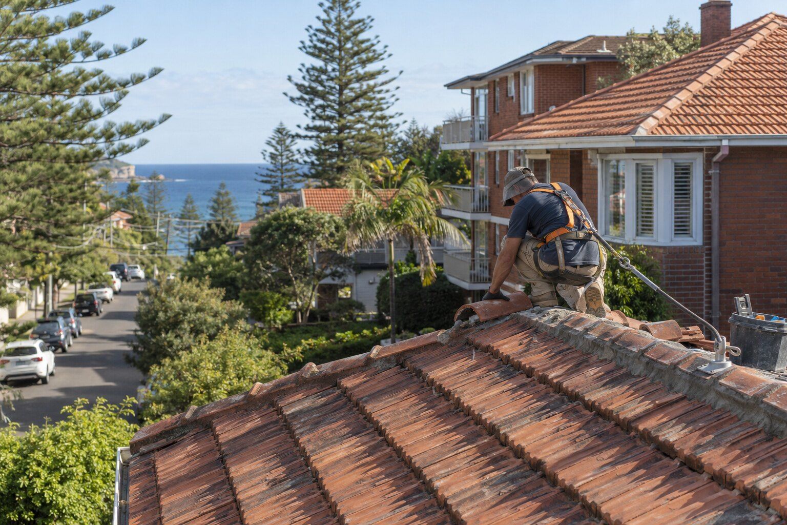 Roofing, Manly: leafy street of Federation and inter-war brick houses with terracotta roofs, a low brick apartment block and a roofer replacing ridge capping