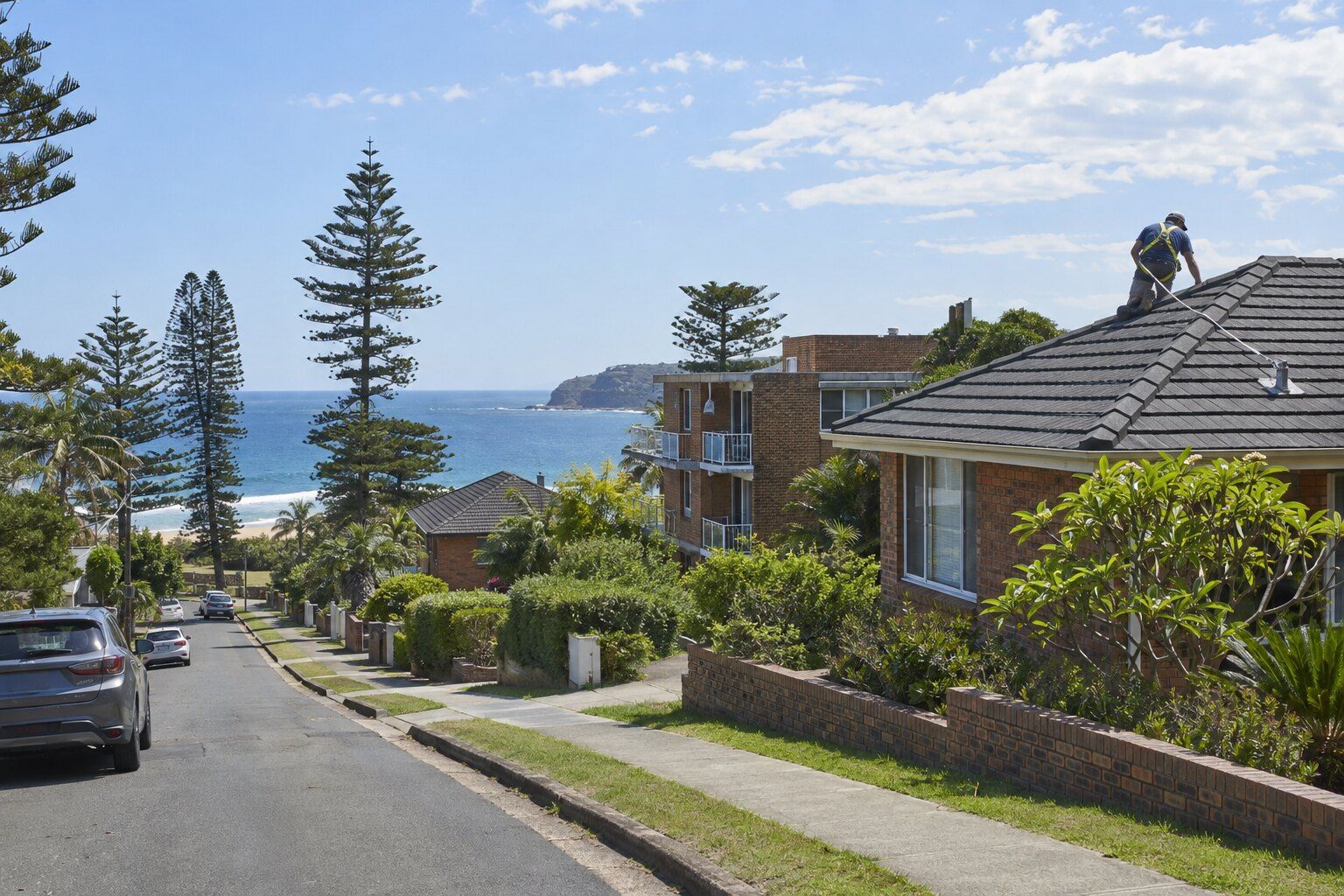 Roofing, Mona Vale: low-rise brick apartment block and brick houses with dark concrete tile roofs, roofer on a house roof