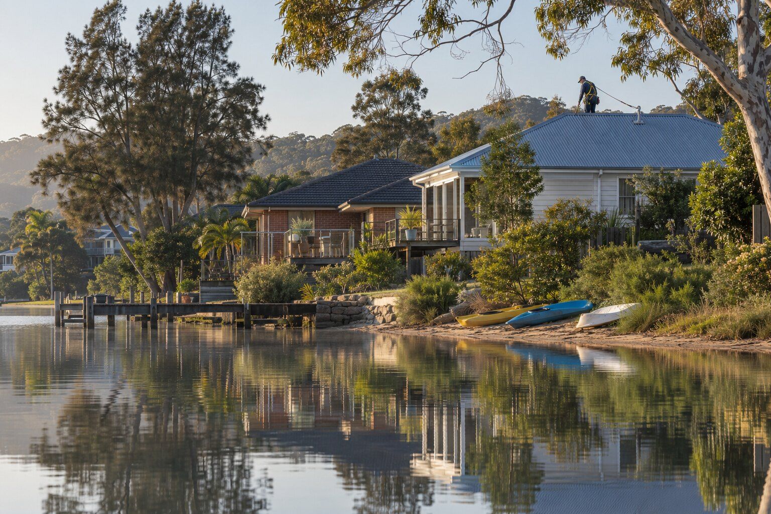 Roofing, Narrabeen: lagoon-side weatherboard and brick homes with corrugated iron and tile roofs, a roofer on an iron roof