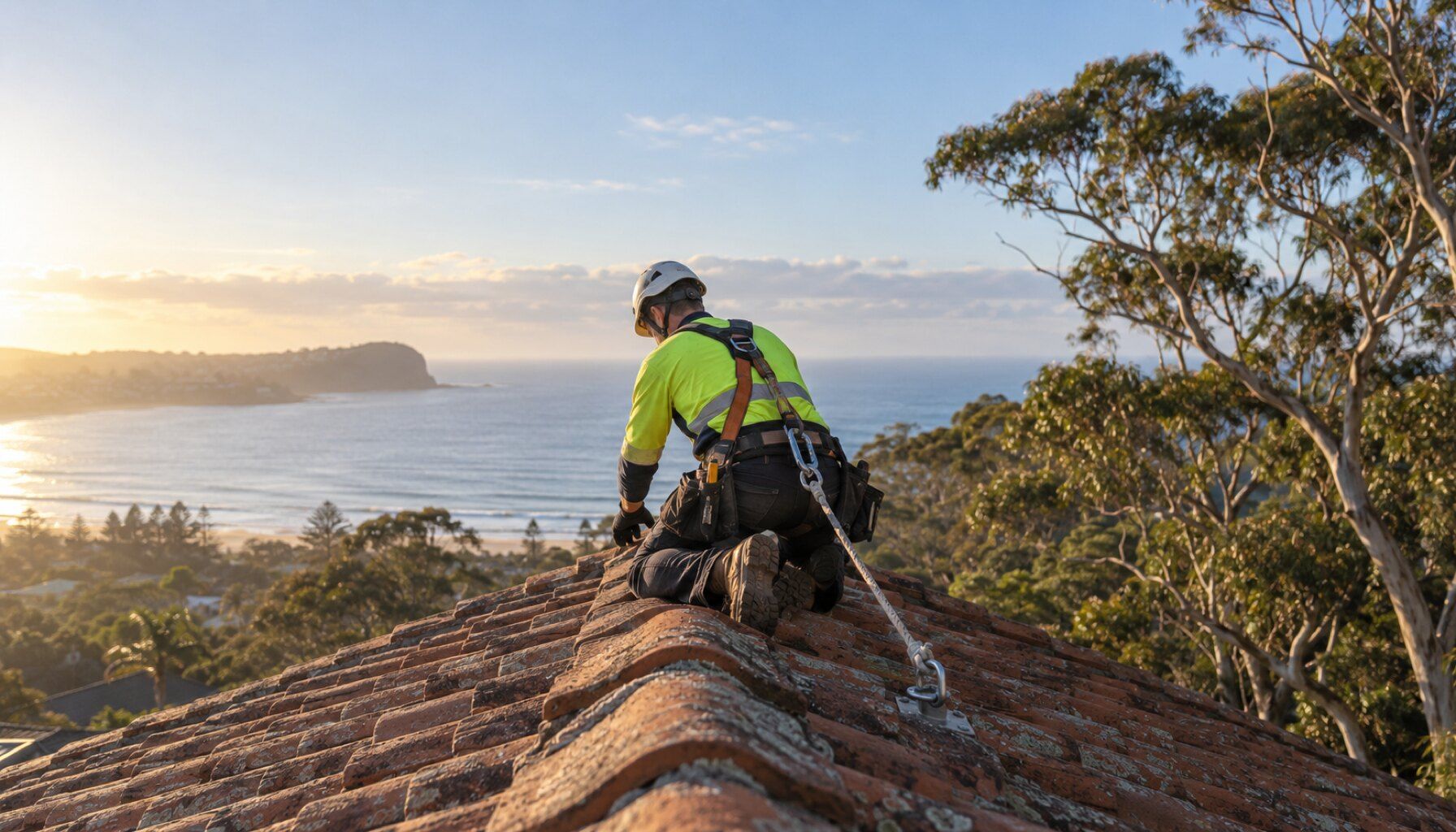 Roofing, Northern Beaches: roofer in a harness kneeling on a terracotta tile ridge above a surf beach at sunrise