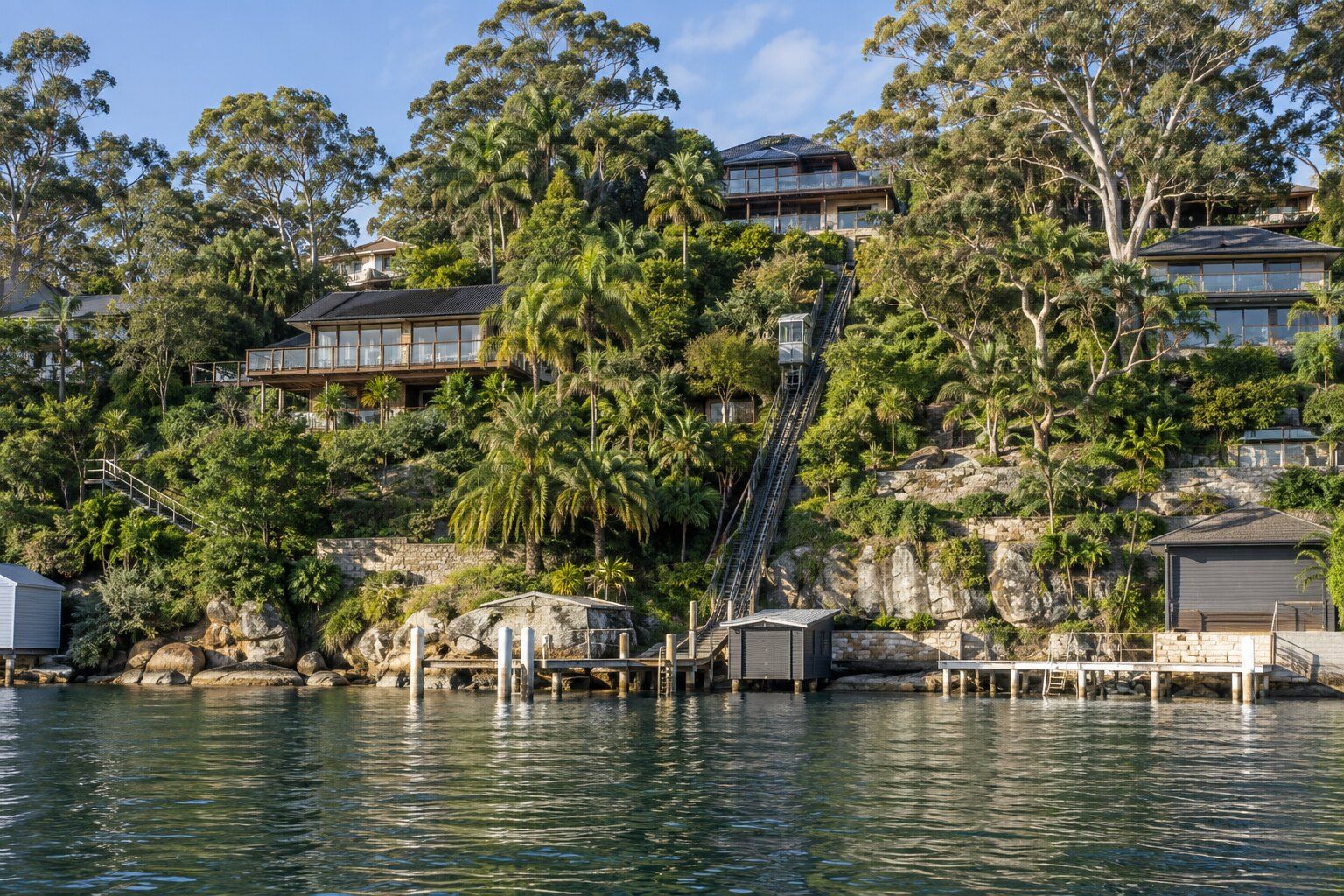 Roofing, Palm Beach: hillside houses with dark roofs and timber decks among palms above calm water