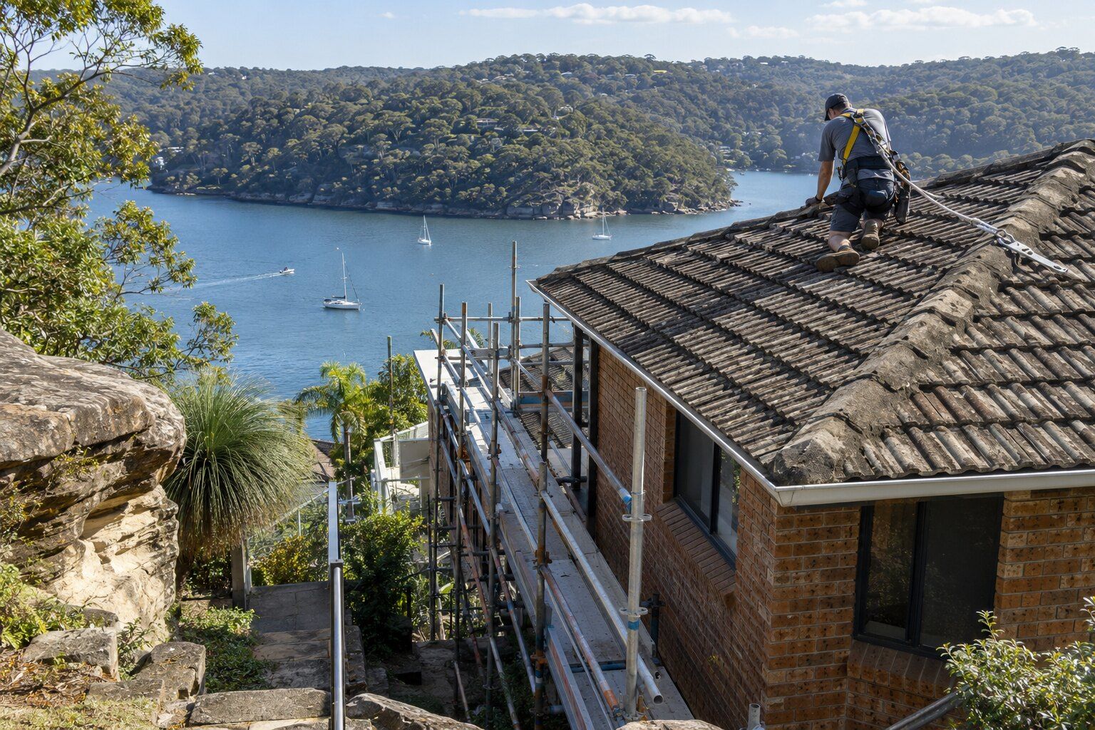 Roofing, Seaforth: steep harbour-side brick home with a concrete tile roof, scaffold with a guard rail and a roofer on the roof