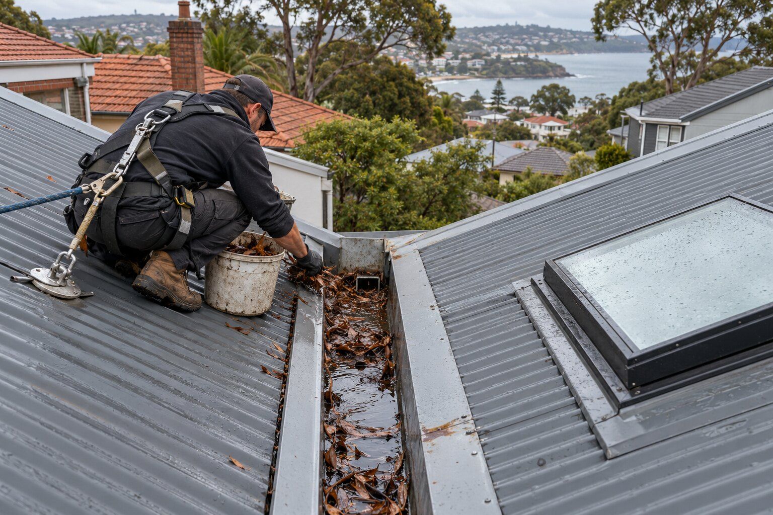Skylight and box gutter leaks, Northern Beaches: roofer in a harness clearing wet leaves from a box gutter beside a skylight