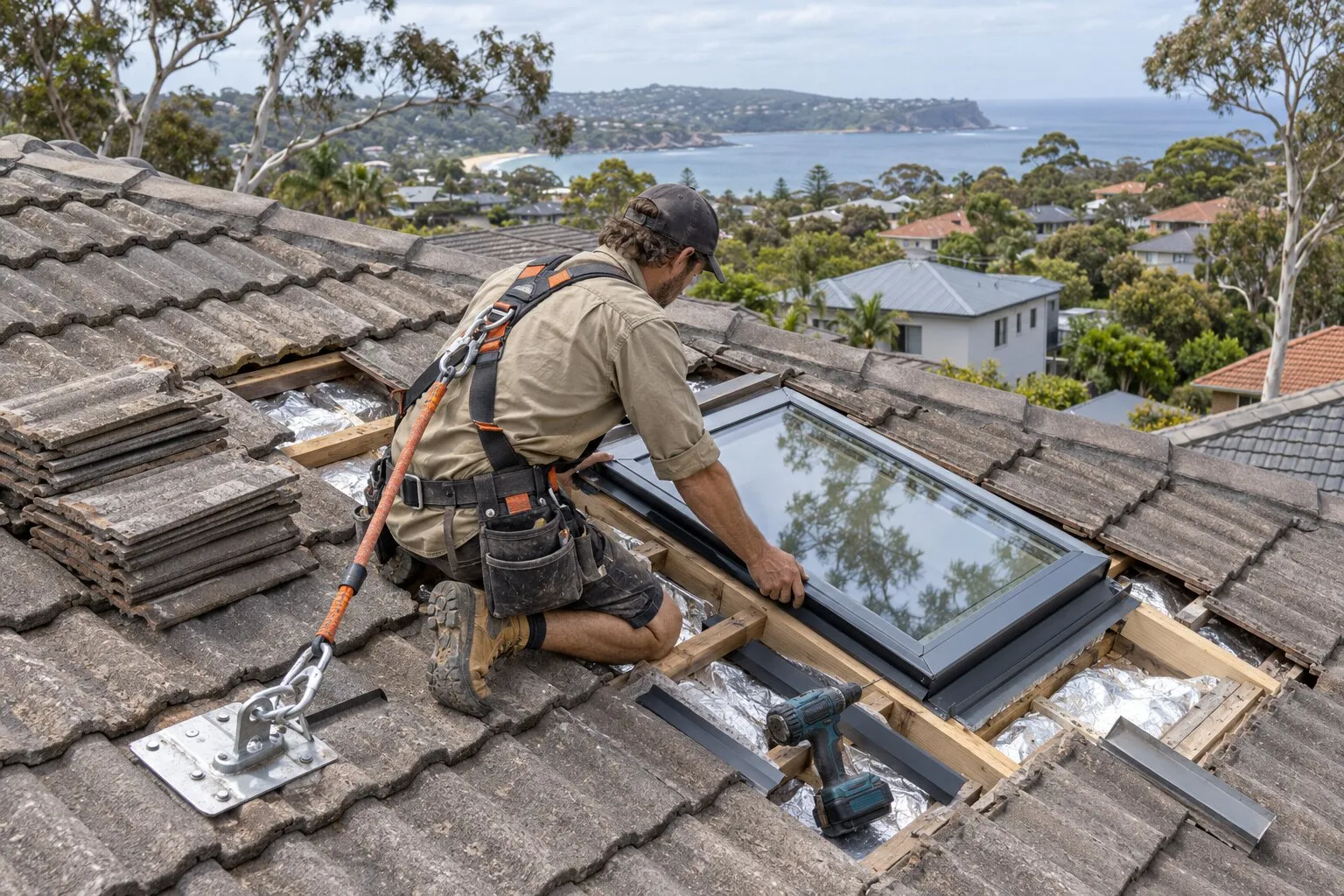 Skylight installation, Northern Beaches: roofer fitting a flat-glazed skylight into a new opening in a grey concrete tile roof
