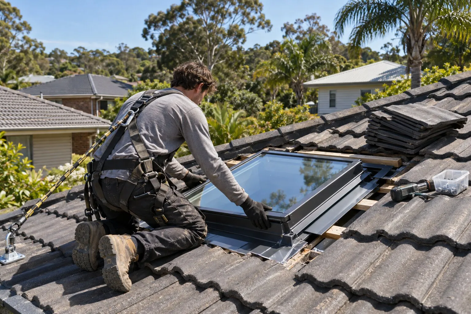 Roofing quote, Northern Beaches: roofer in a harness fitting a skylight into a dark concrete tile roof
